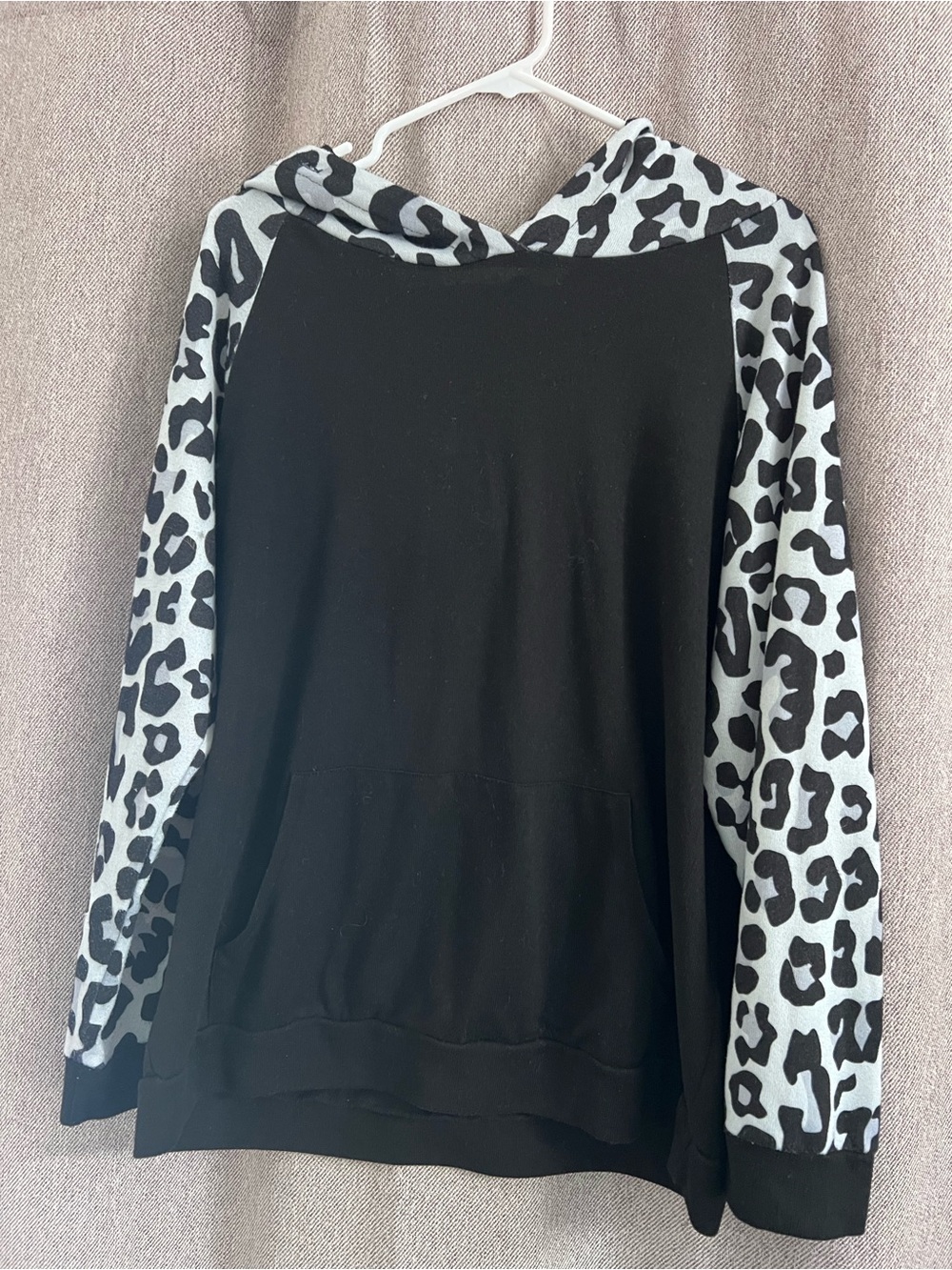 Black Hoodie Top with Gray & Black Leopard Sleeves